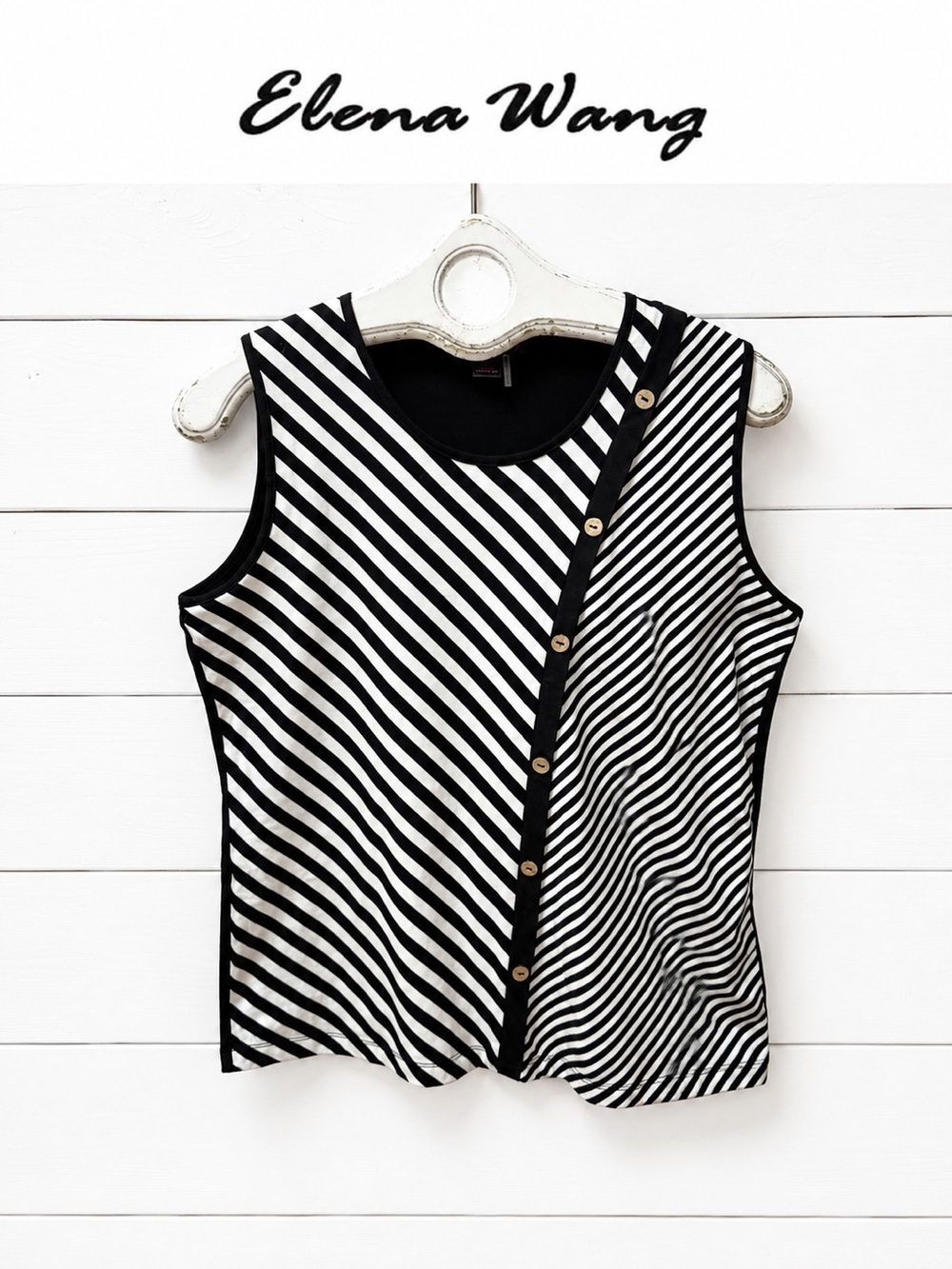 ELENA WANG Black & White Striped Sleeveless Top Size L